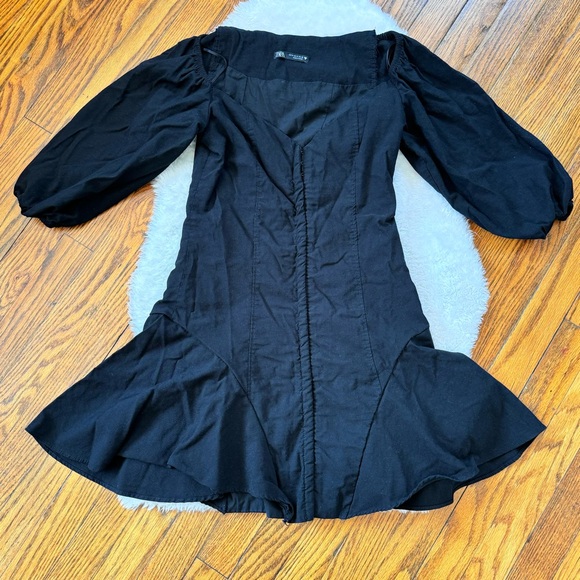 Zara Puff Sleeves Black Flare Corset Mini Dress Size M - Picture 2 of 10
